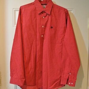 MENS LARGE CINCH RED AND BLACK MONEY SIGN BUTTON DOWN SHIRT